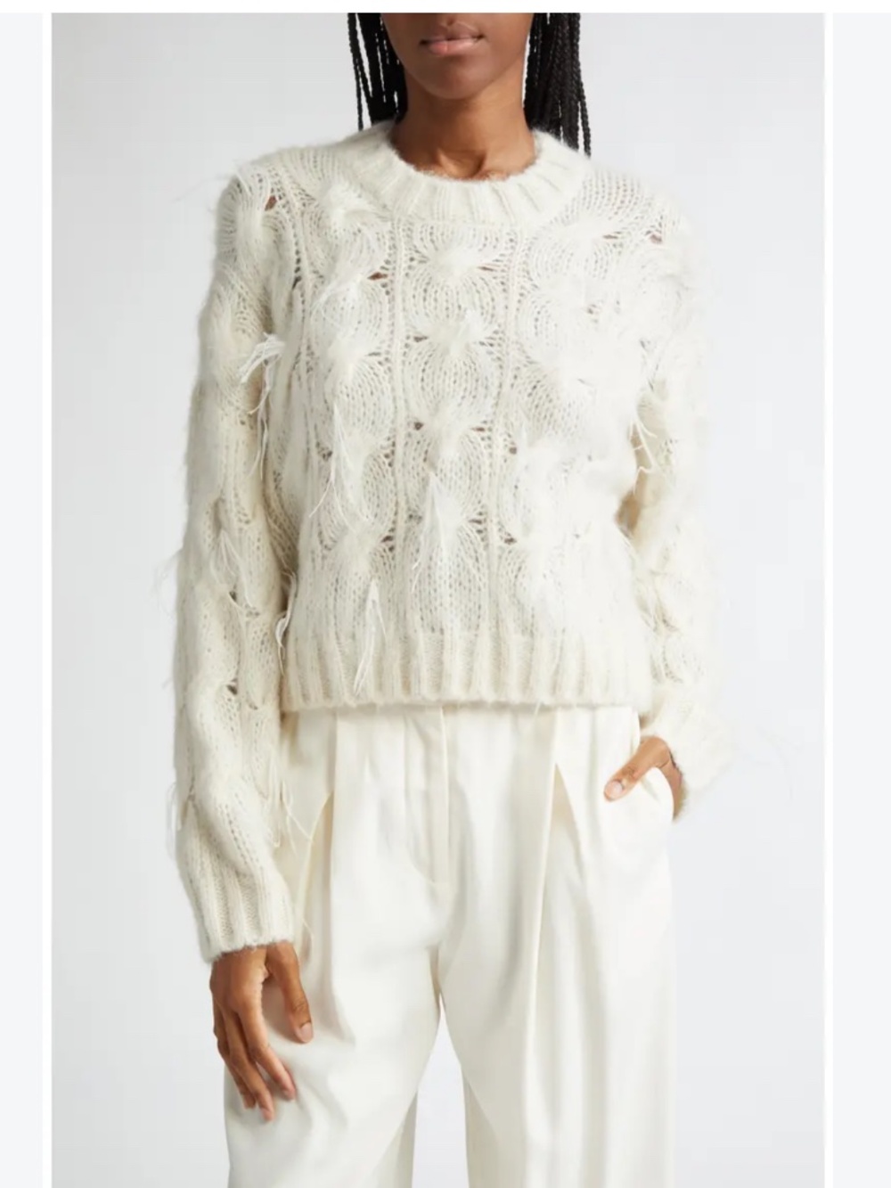 VINCE Feather-Embellished Cable Knit Pullover